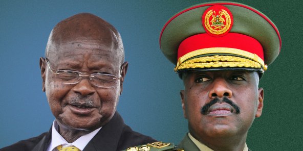 Le président ougandais Yoweri Museveni (à g.) et son fils, le général Muhoozi Kainerugaba, commandant en chef de l’armée de terre. MONTAGE JA © Badru KATUMBA / AFP – PETER BUSOMOKE / AFP